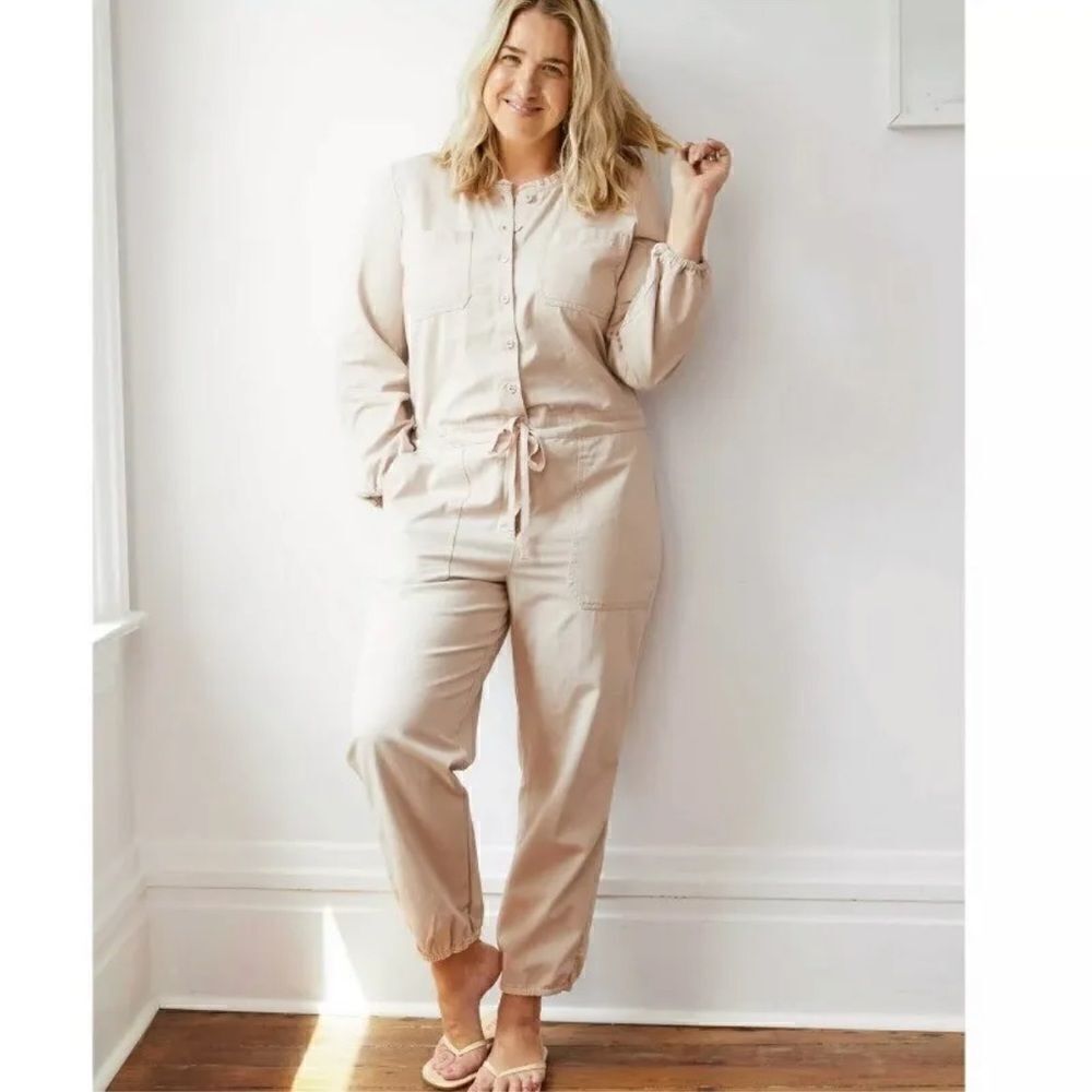 Aerie tan blush softest utility one piece ruffle Boiler suit jumpsuit